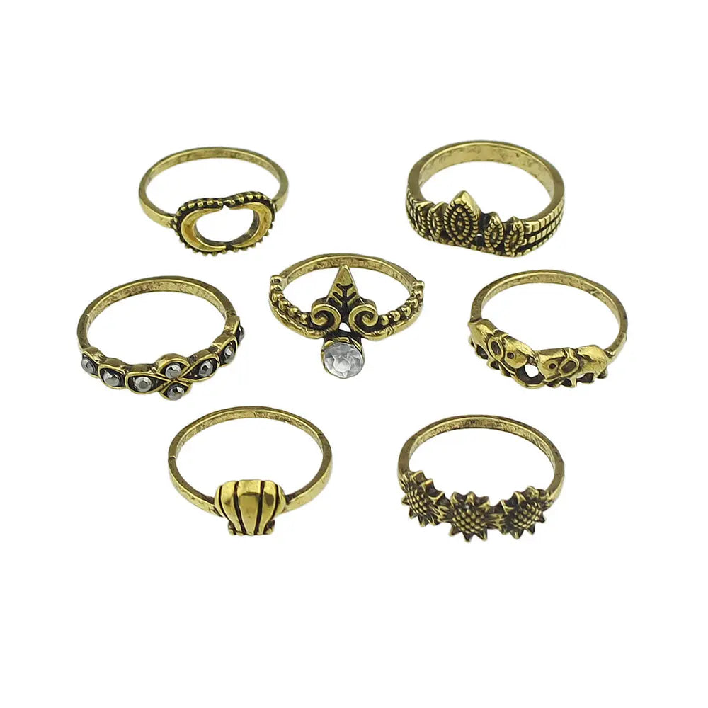7 pcs Vintage Jewellery Oxidized Antique Gold Moon Shell Finger Ring Set Feelontop Jewellery