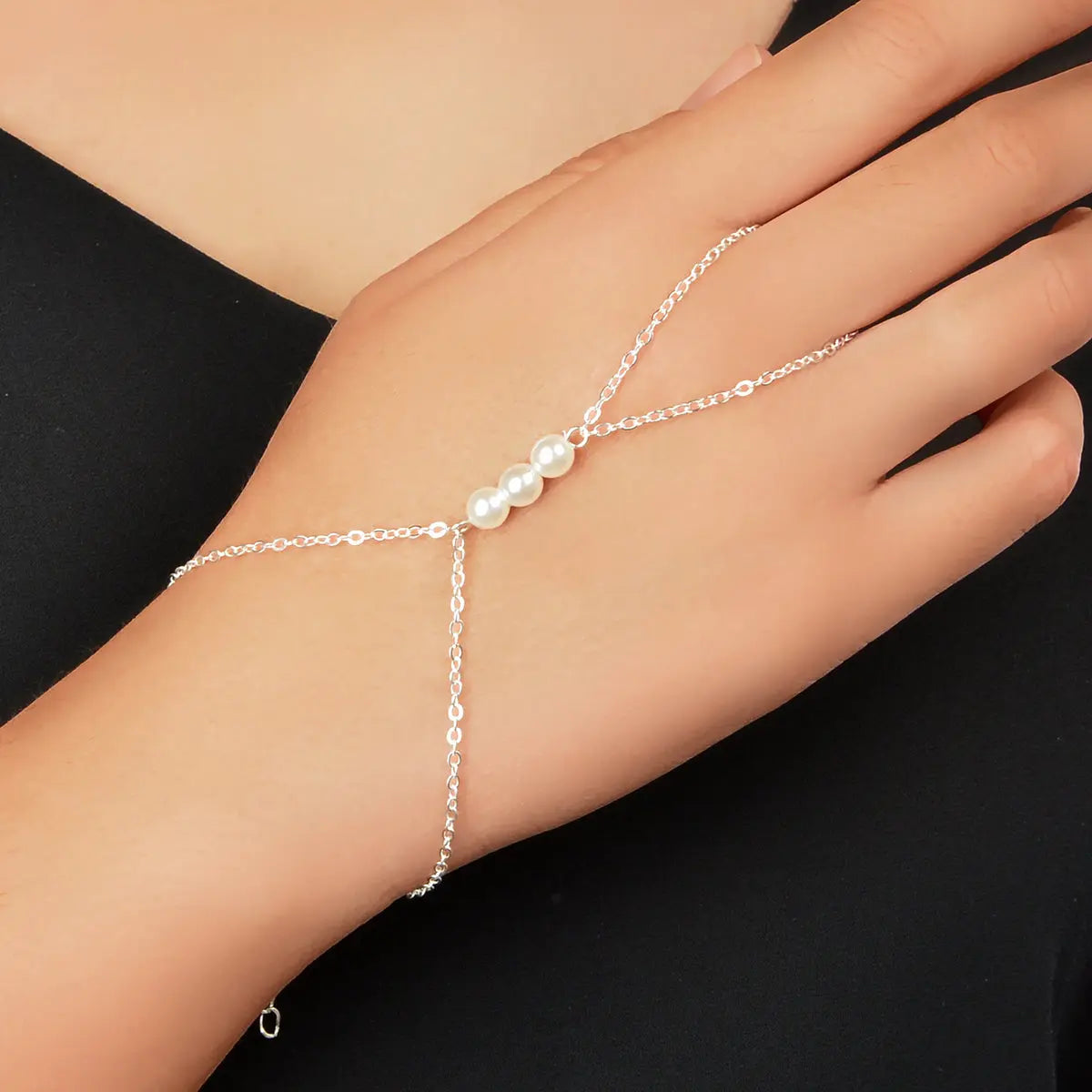 Boho Silver Hand Chain Finger Ring Harness Adjustable Slave Bracelet with Pearl Feelontop Jewellery