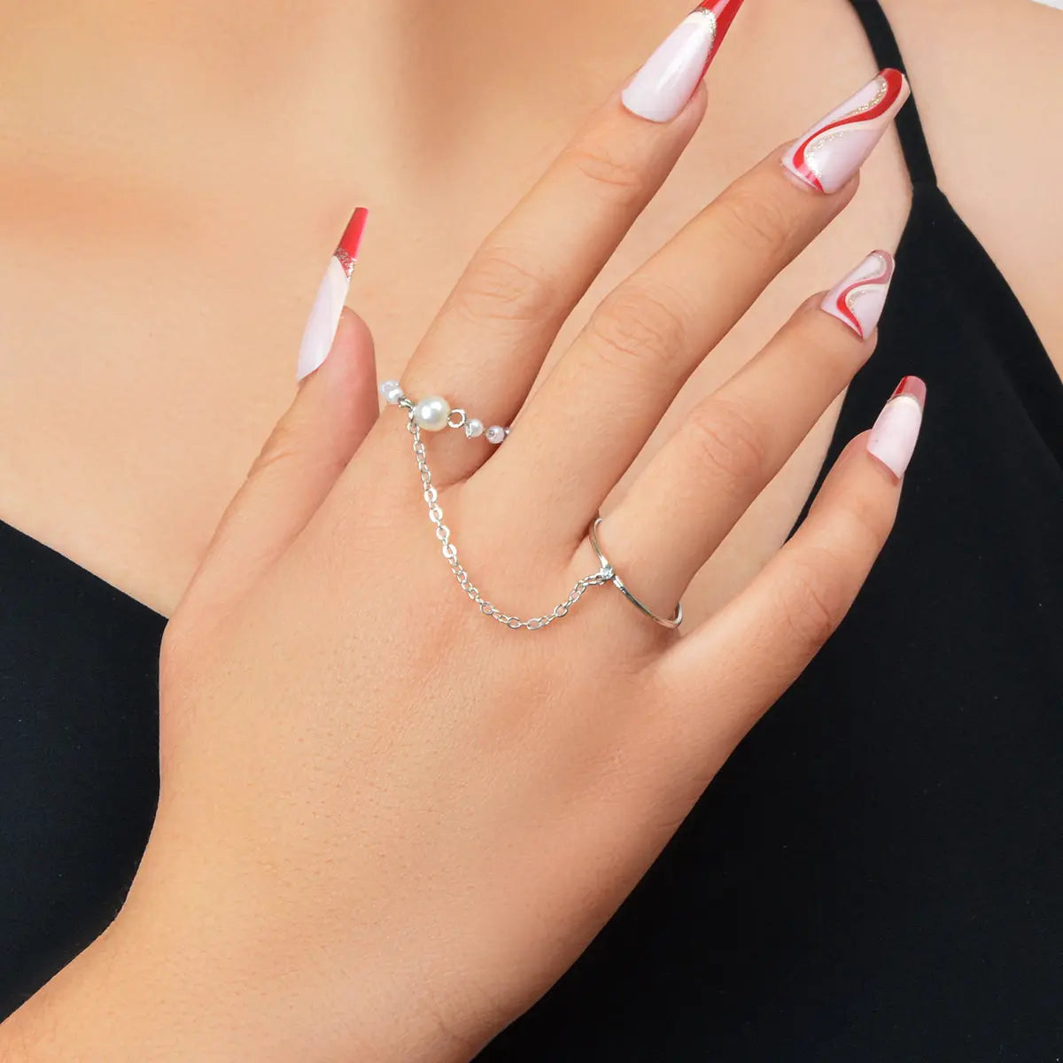 Pearl Punk Stackable Knuckle Chain Tassel Double Finger Midi Rings Feelontop Jewellery