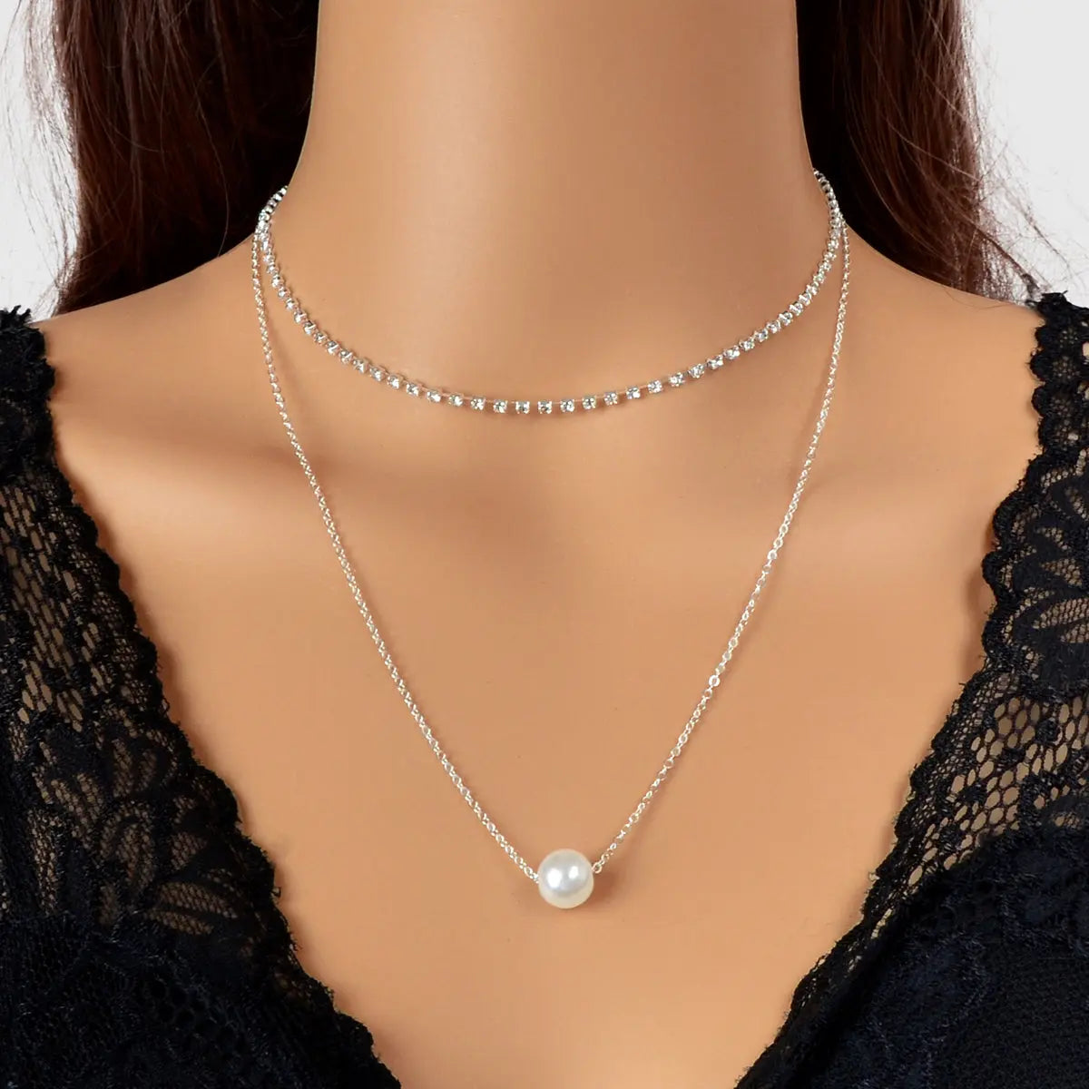 Double Layered Necklace Adjustable Simple Chain Multilayer Rhinestone Collar Feelontop Jewellery
