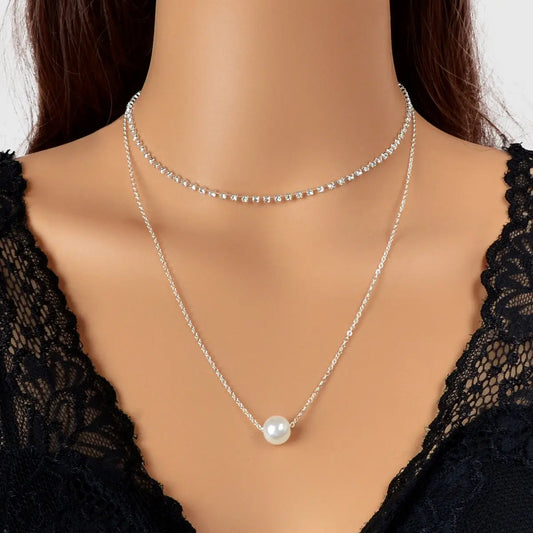 Double Layered Necklace Adjustable Simple Chain Multilayer Rhinestone Collar Feelontop Jewellery