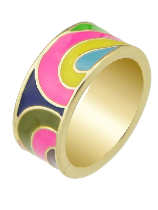 Ethnic Jewelry Geometric Pattern Colourful Enamel Gold Chunky Bohemian Band Ring Feelontop Jewellery