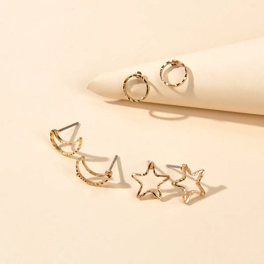 3 pairs Minimalist Jewelry Circle Star Moon Trendy Stud Small Earrings for Women Feelontop Jewellery