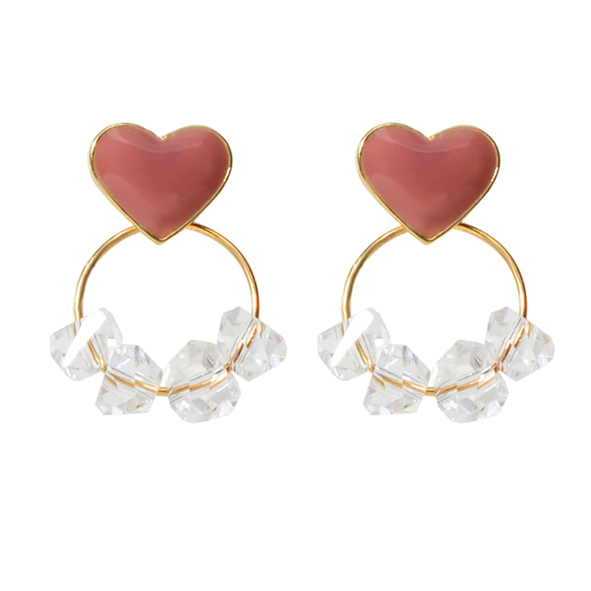 Trendy Ladies Jewellery Transparent Beads Gold Circle Red Heart Stud Earrings Feelontop Jewellery