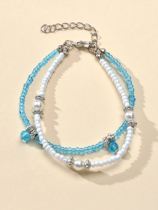Fashion Jewellery Handmade Double layer Blue White Seed Beads Strand Bracelet Feelontop Jewellery