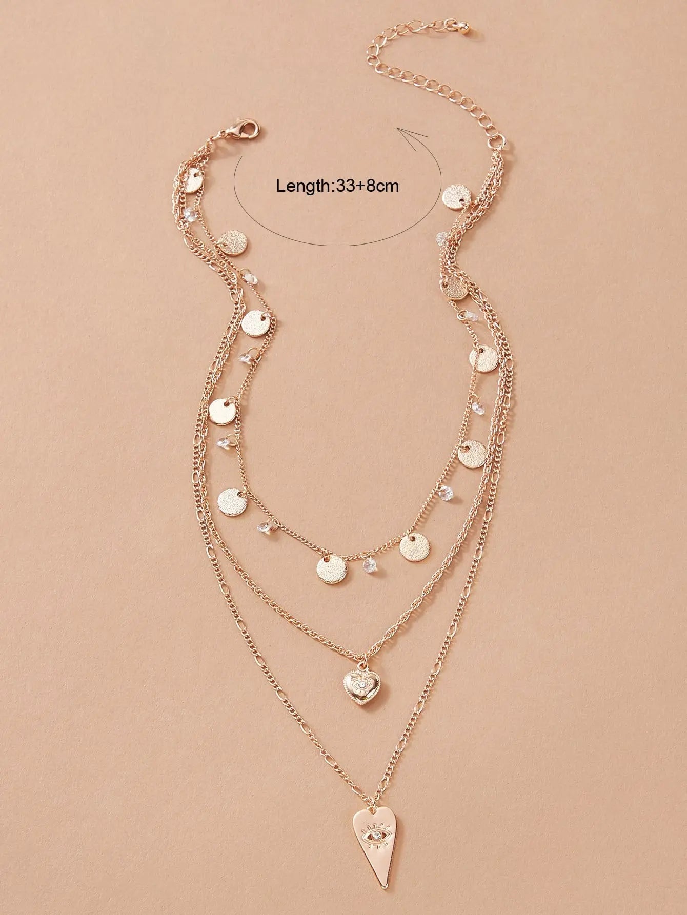 Stylish Triple-Layered Round Disc Heart Pendant Necklace Girls Unique Jewellery Feelontop Jewellery