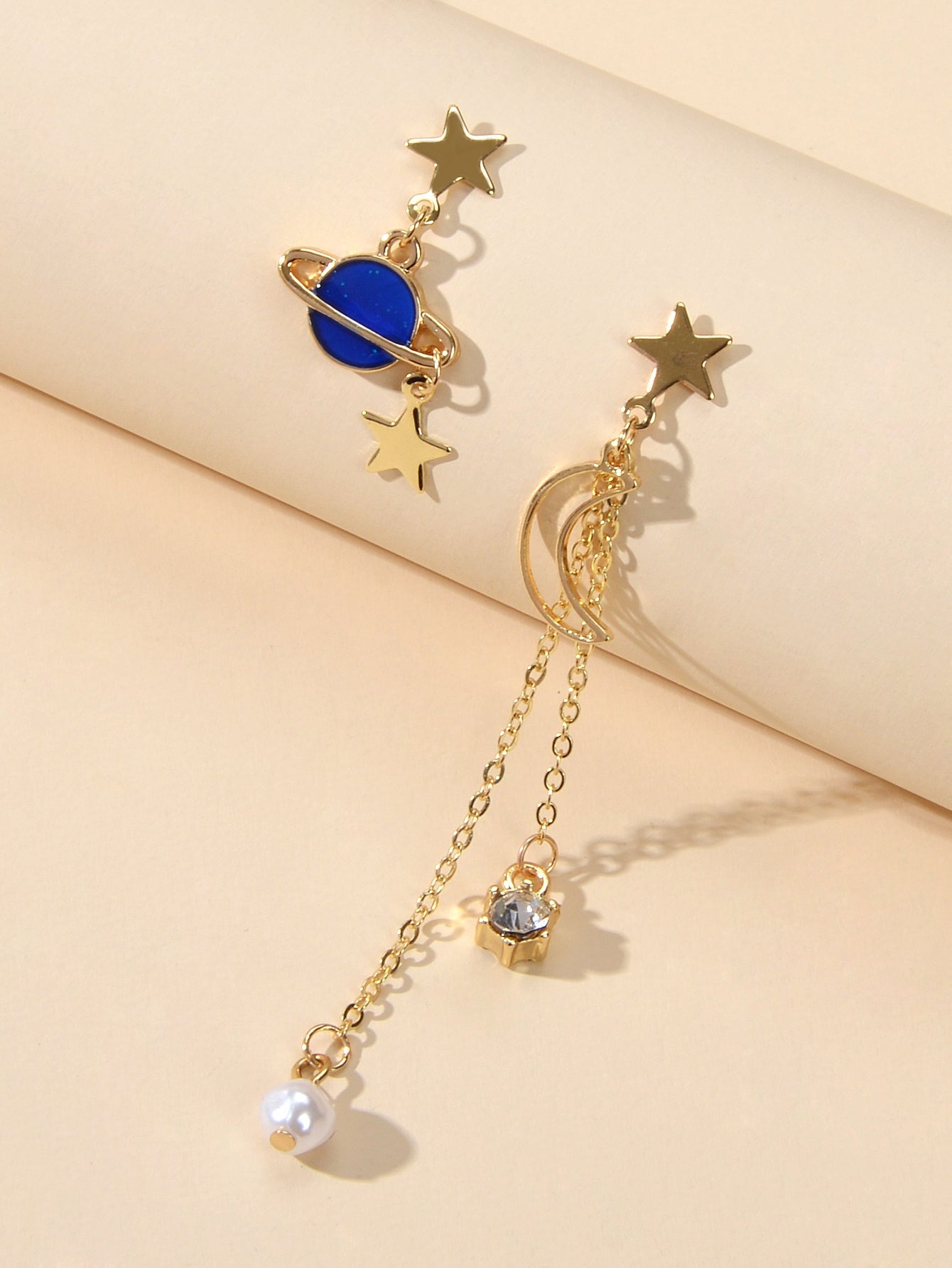 Asymmetric Pearl Rhinestone Decor Long Chain Star Moon Planet Dangle Earrings Feelontop Jewellery