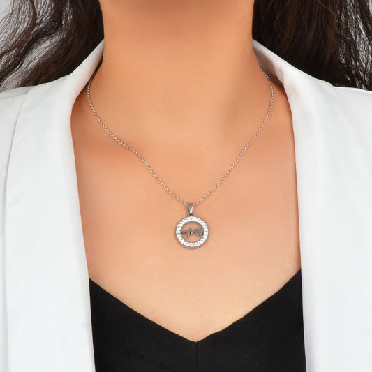 Silver Stainless Steel Rhinestone Decoration Circle Electrocardiogram Necklace Feelontop Jewellery