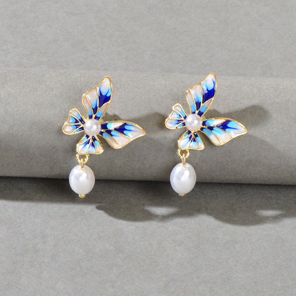 Trendy Dangle Pearl Blue White Enamel Butterfly Hypoallergenic Pierced Earrings Feelontop Jewellery