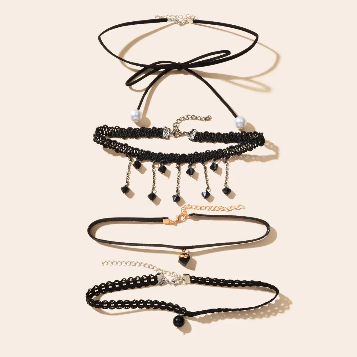 4 pcs Punk Vintage 90s Black Hollow Lace Bow Tassel Charm Tattoo Choker Necklace Feelontop Jewellery