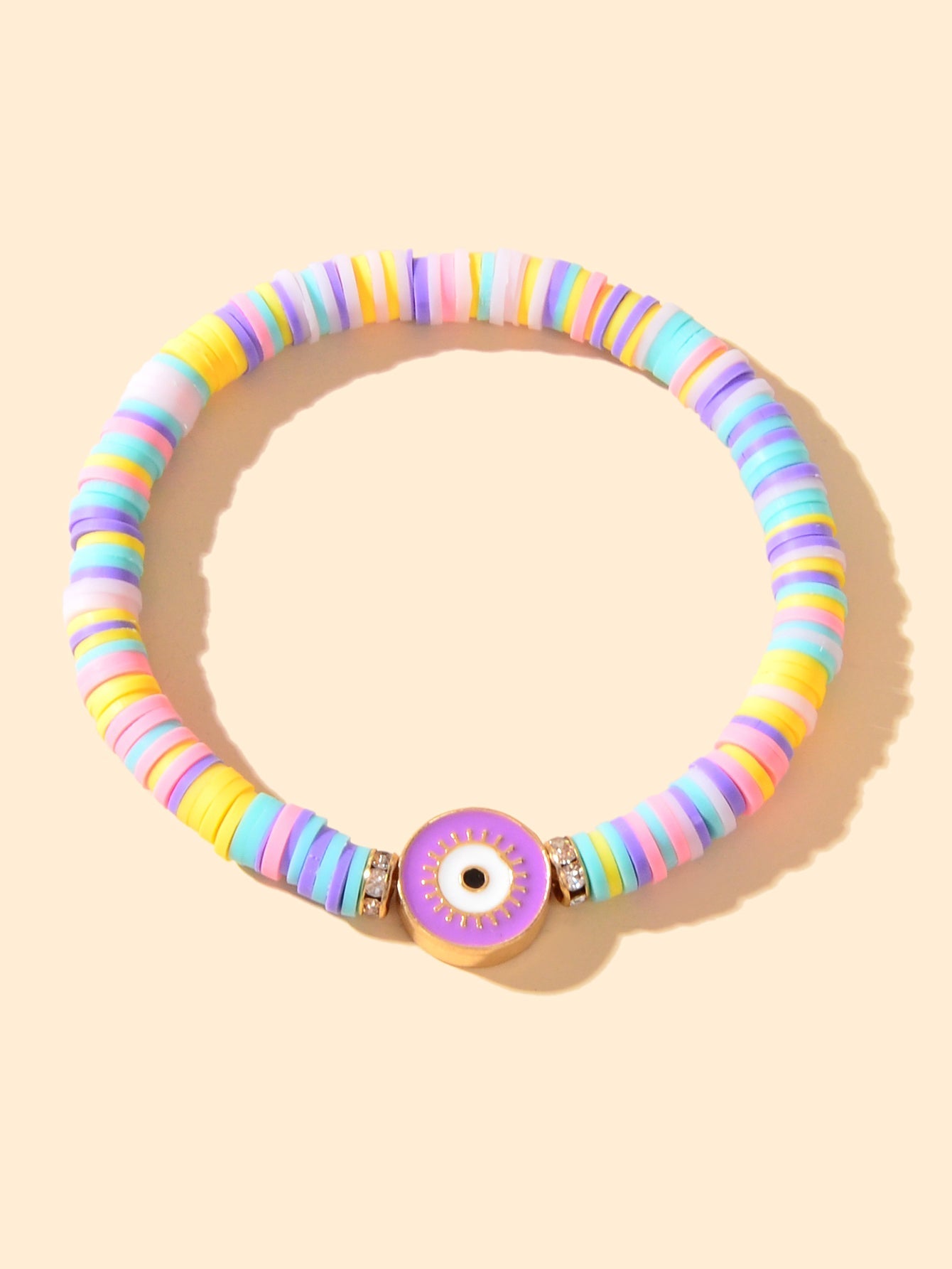 Heishi Surfer Handmade Evil Eye Rainbow Vinyl Disc Beaded Stretchy Bracelet Gift Feelontop Jewellery