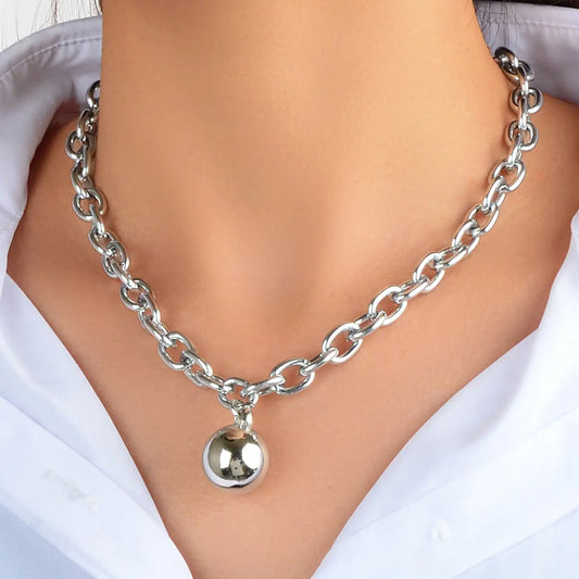 Hip Hop Punk Thick Silver Chain Ball Pendant Statement Necklace Ladies Jewellery Feelontop Jewellery