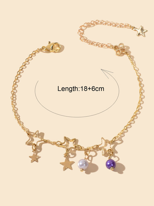 Gold Chain White Purple Beads Star Charm Trendy Bracelet Teen Ladies Jewellery Feelontop Jewellery
