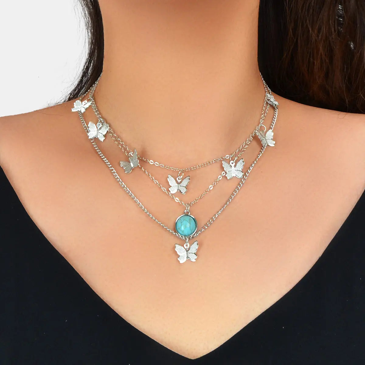 Ethnic Silver Multi-layer Chain Butterfly Turquoise Collar Bohemian Necklace Feelontop Jewellery