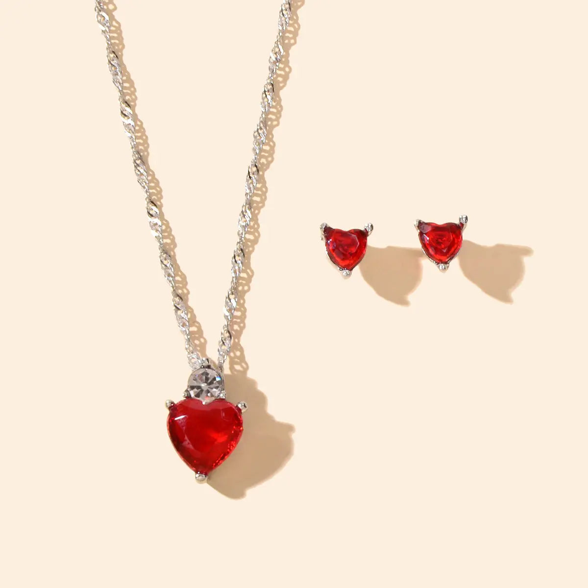 Valentine's Day Jewelry Set Gift Red Imitation Gemstone Heart Necklace Earrings Feelontop Jewellery