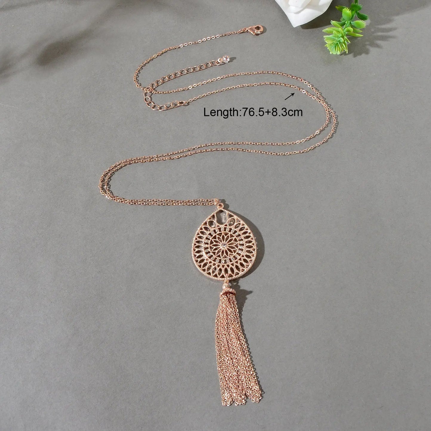 Fashion Rhinestone Decor Carved Hollow Flower with Chain Tassel Long Necklace Feelontop Jewellery