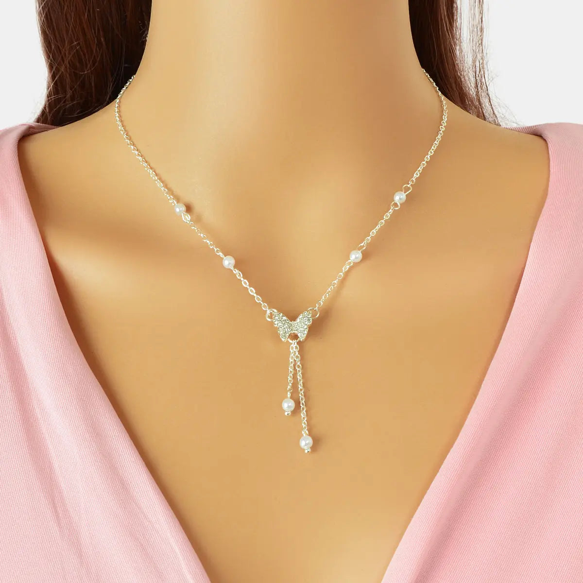 Sparkling Butterfly Pendant Y-Drop Necklace Tassel Clavicle Collar Women Jewelry Feelontop Jewellery