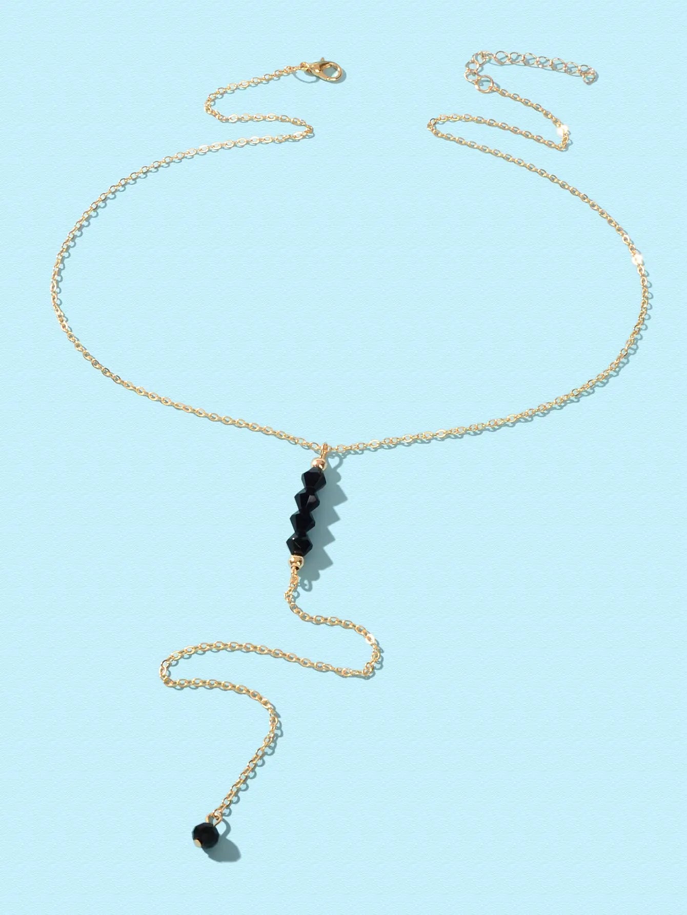 Chic Black Beaded Decor Gold Silver Chain Long Pendant Y Style Dainty Necklace Feelontop Jewellery