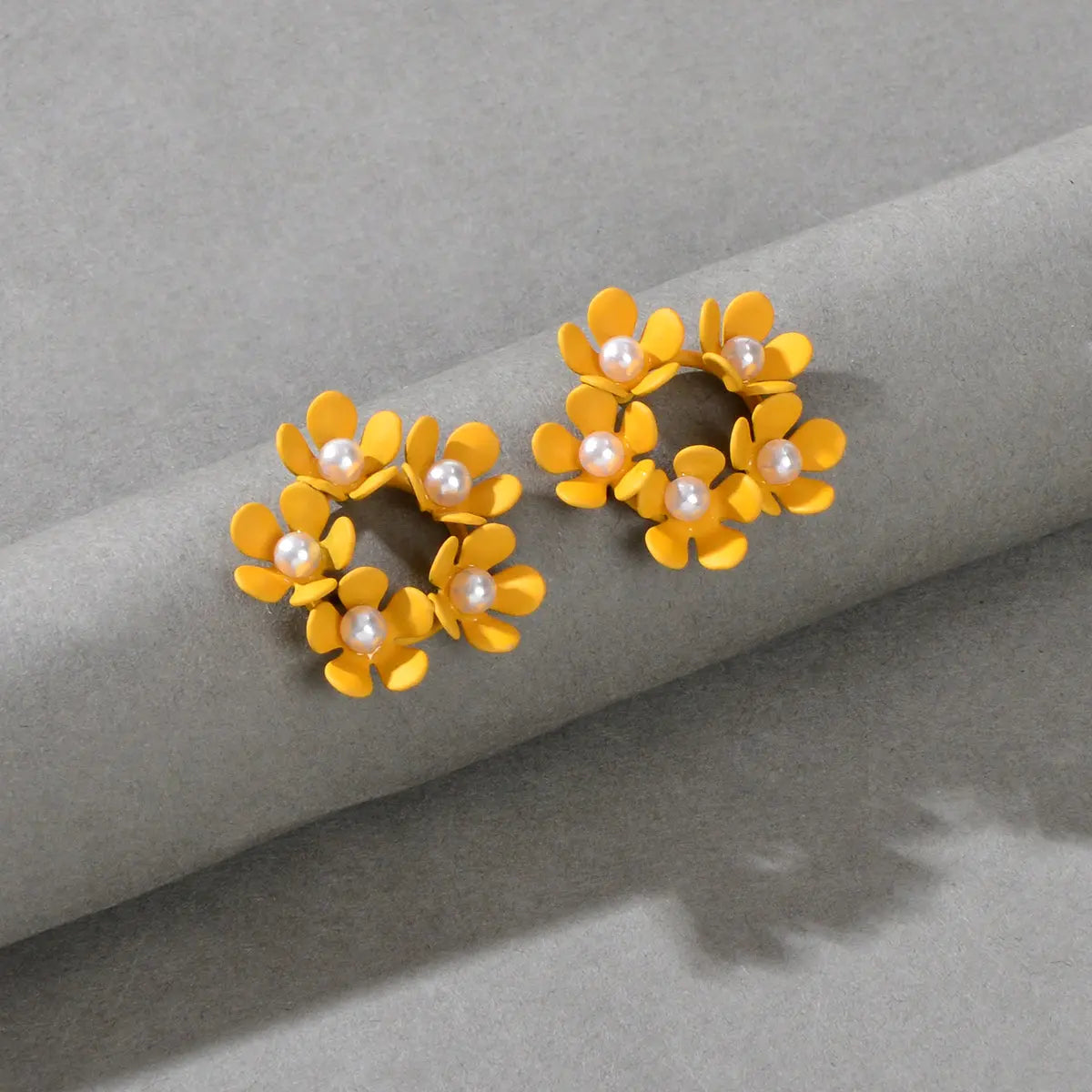 Delicate Pearl Decoration Yellow Flower Stud Hypoallergenic Small Women Earrings Feelontop Jewellery
