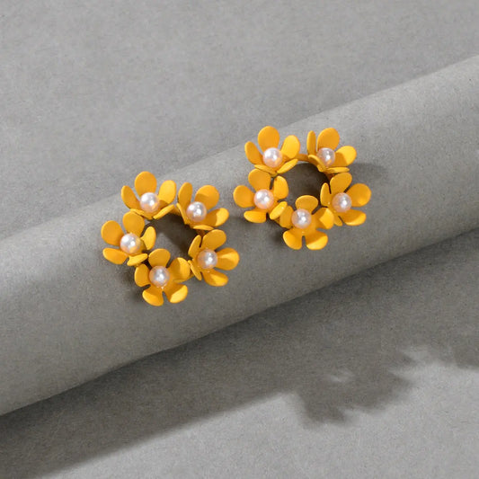 Delicate Pearl Decoration Yellow Flower Stud Hypoallergenic Small Women Earrings Feelontop Jewellery