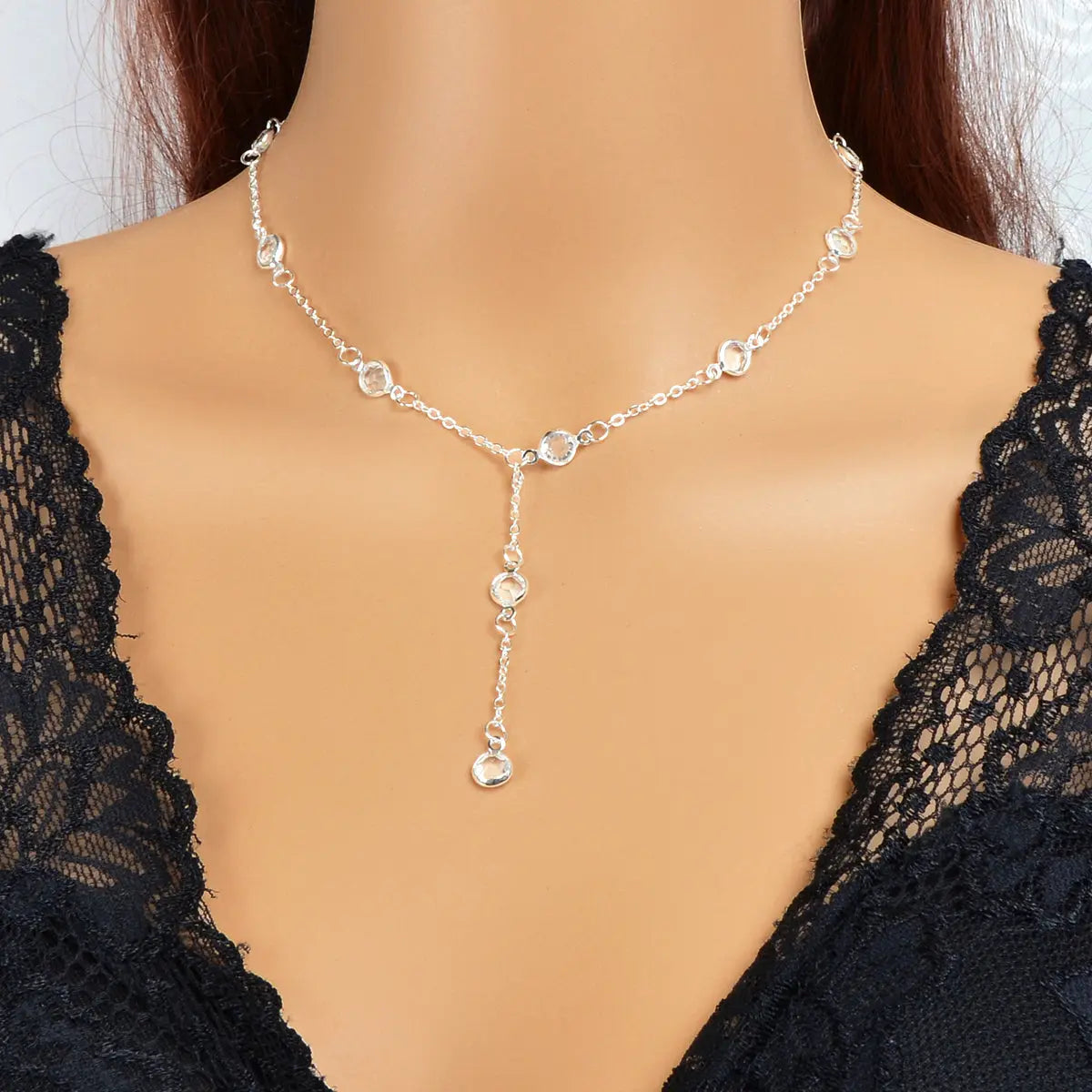 Trendy Silver Chain Transparent Bead Lariat Y Style Charm Simple Female Necklace Feelontop Jewellery