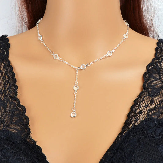 Trendy Silver Chain Transparent Bead Lariat Y Style Charm Simple Female Necklace Feelontop Jewellery