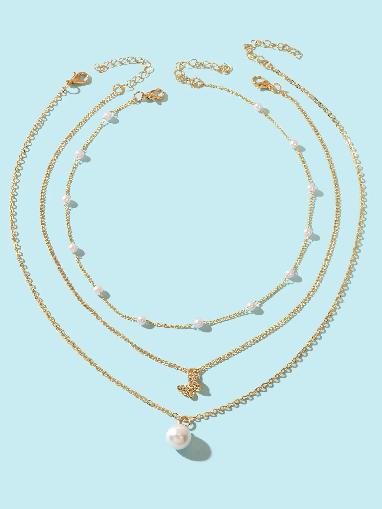 3 pcs Exquisite Pearl Rhinestone Gold Chain Layered Butterfly Pendant Necklace Feelontop Jewellery