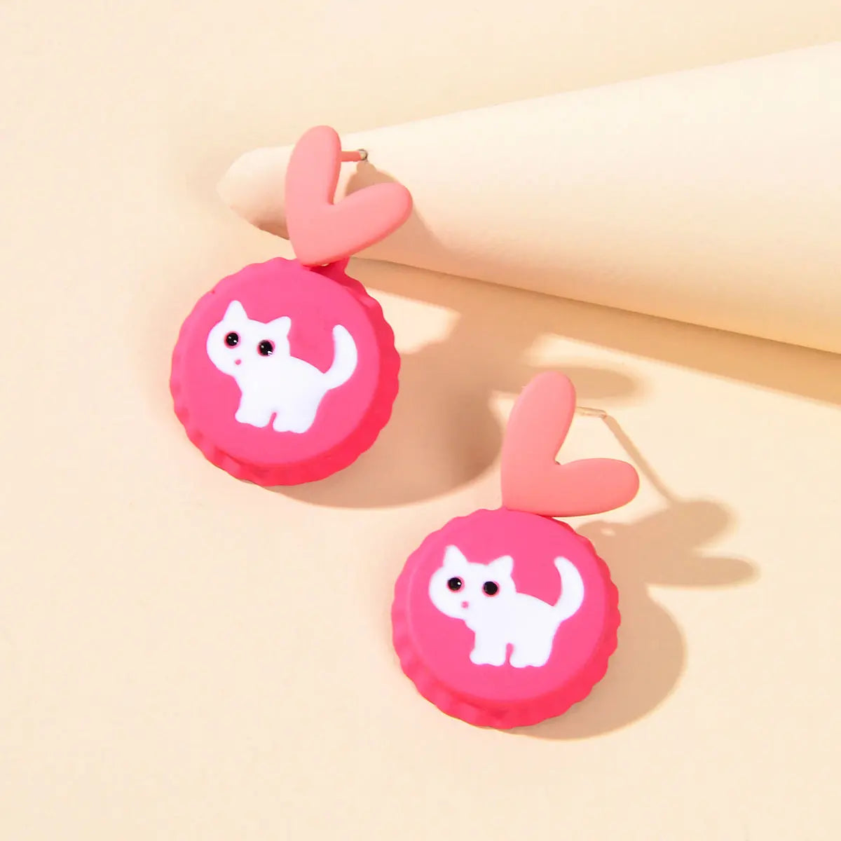 Cute Funny Hotpink Heart Cat Capsule Stud Earrings Y2k Style Girl Jewellery Gift Feelontop Jewellery