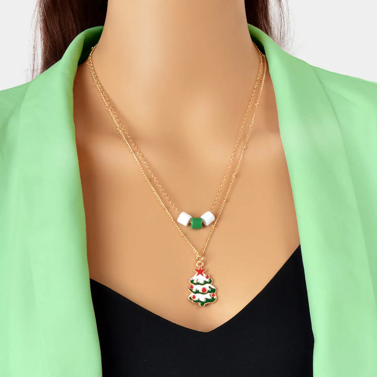 Festival Party Jewellery Gift Gold Layered Chain Christmas Tree Pendant Necklace Feelontop Jewellery
