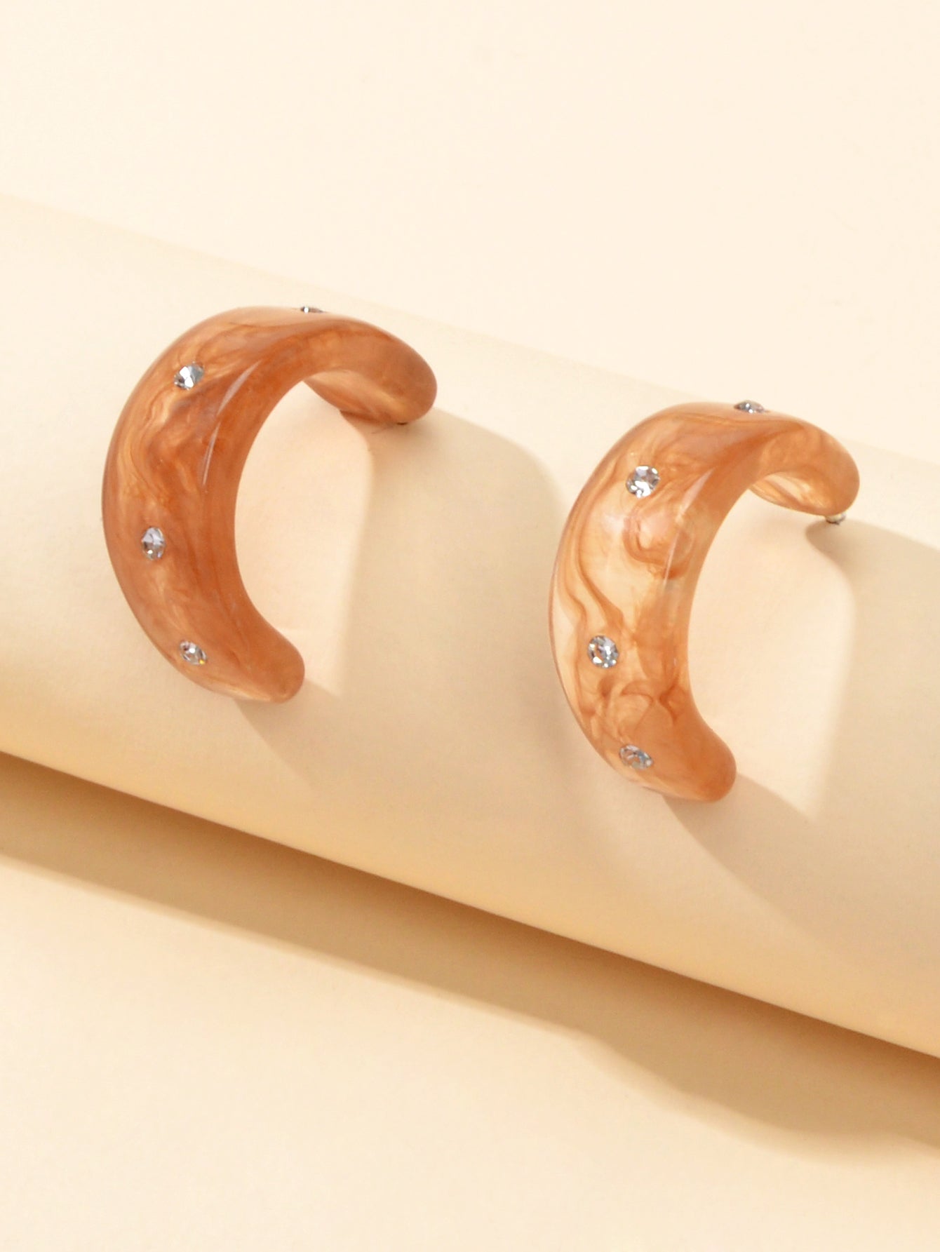 Boho Chic Rhinestone Brown Resin C shape Huggie Pierced Hoop Personality Earring Feelontop Jewellery