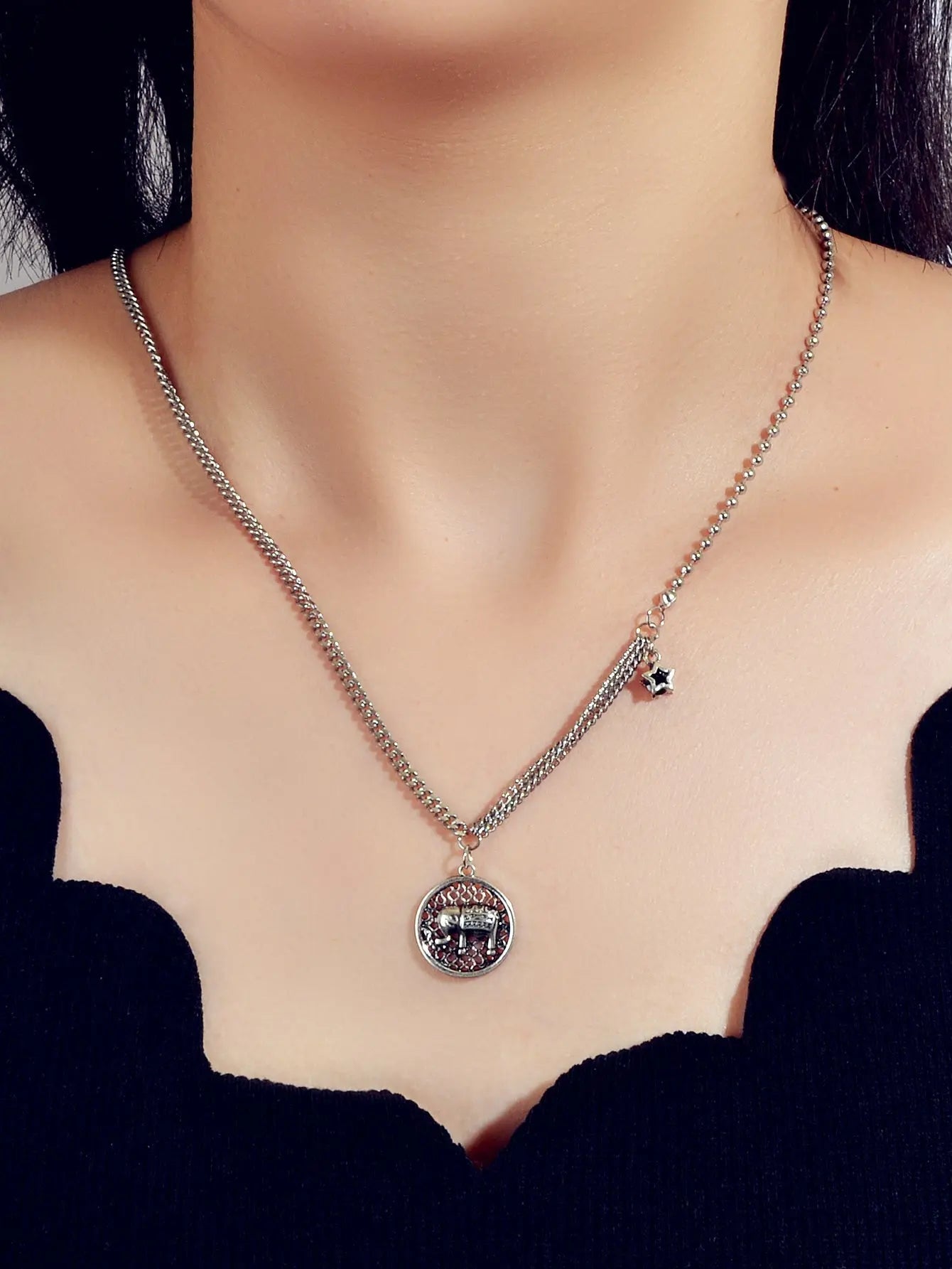 Intricate Antique Silver Multiple Chain Star Elephant Hollow Round Necklace Gift Feelontop Jewellery