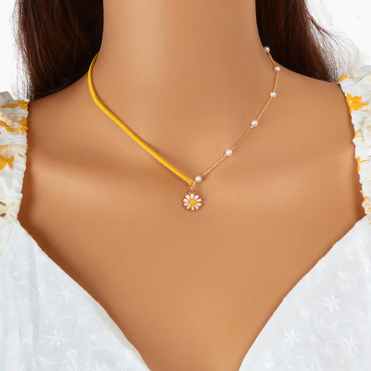 Boho Yellow Pearl Decoration Multiple Chain Exquisite Flower Pendant Necklace Feelontop Jewellery