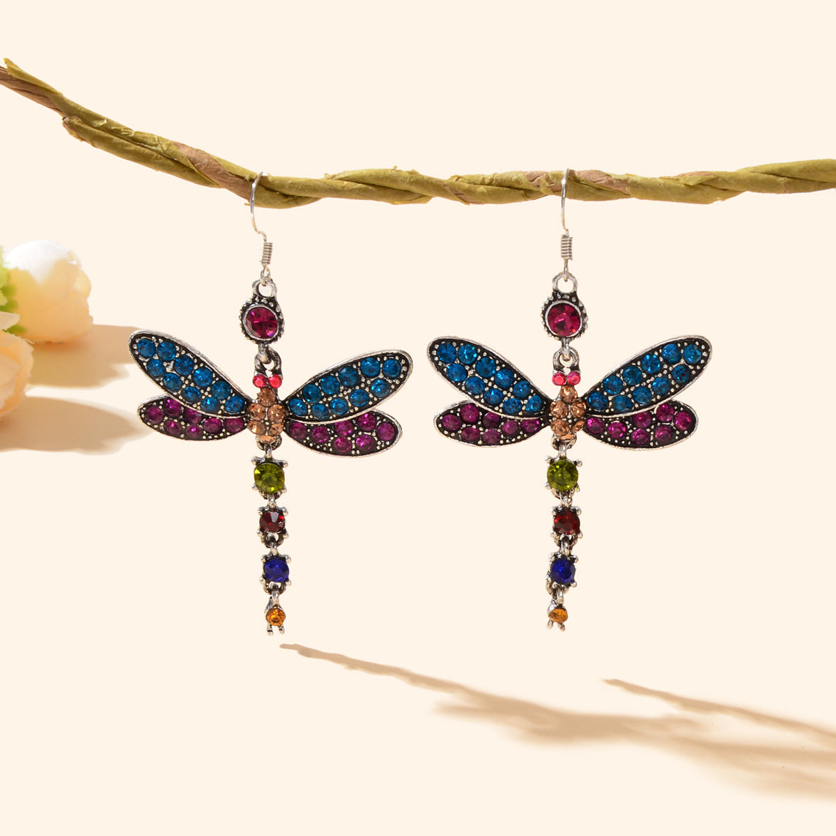 Luxury Jewellery Colorful Rhinestone Dragonfly Long Pendant Dangle Gift Earrings Feelontop Jewellery
