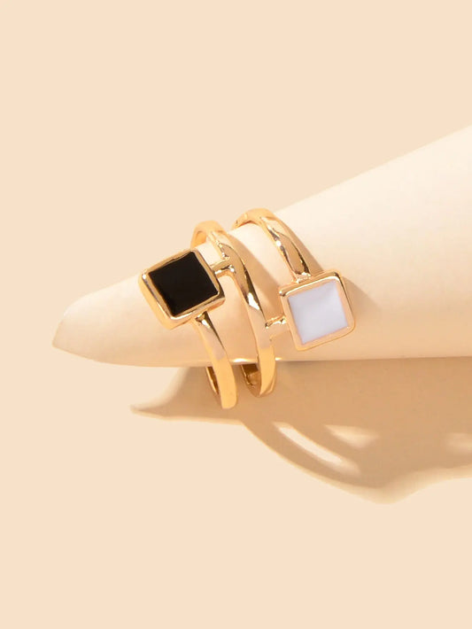 Party Daily Jewelry Band for Women Black White Enamel Square Hollow Gold Ring Feelontop Jewellery