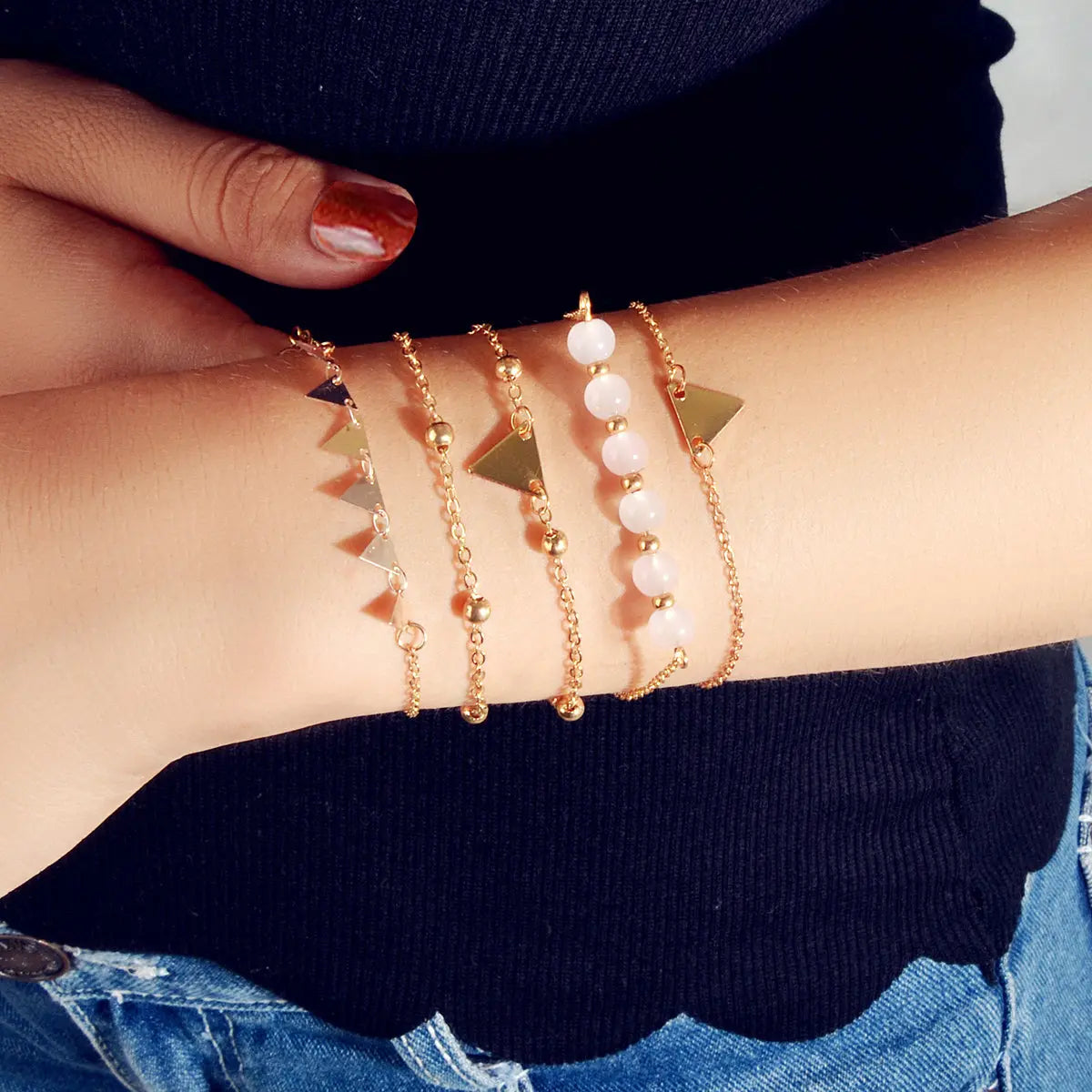 5pcs Gold Color Chain Pink Beads Triangle Decor Bracelet set Boho Chic Jewellery Feelontop Jewellery