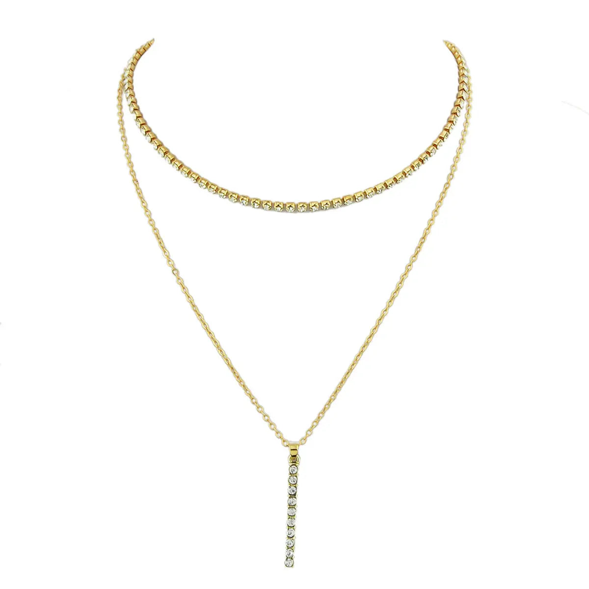Trendy Shining Full Rhinestone Gold Silver Double layer Chain Bar Charm Necklace Feelontop Jewellery