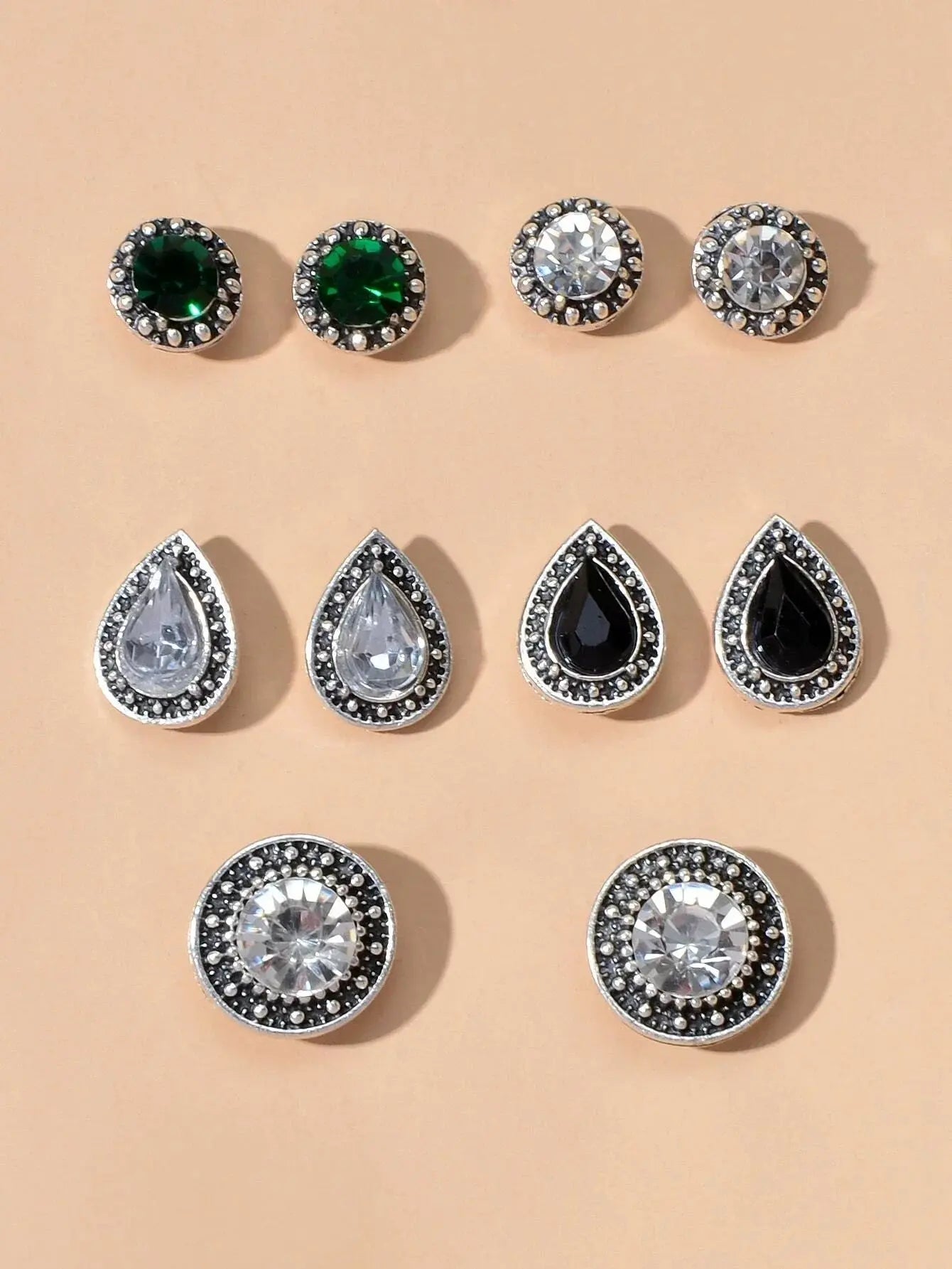 5 pairs Vintage Jewellery Shining Rhinestone Round Water Drop Stud Earrings Set Feelontop Jewellery