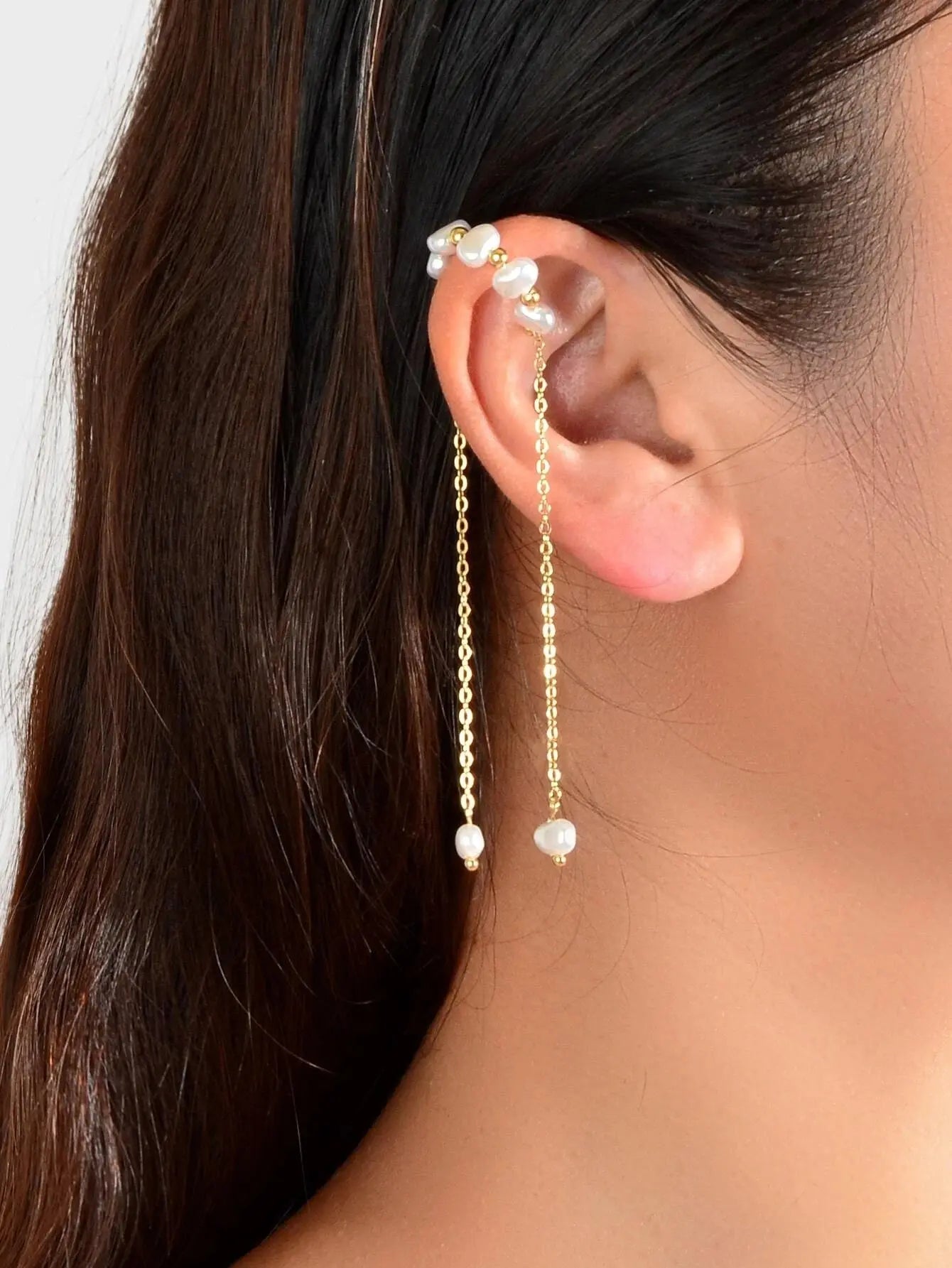 1 pc Fashion Pearl Long Gold Chain Ear Cuff Cartilage Dangle Earrings Accessory Feelontop Jewellery