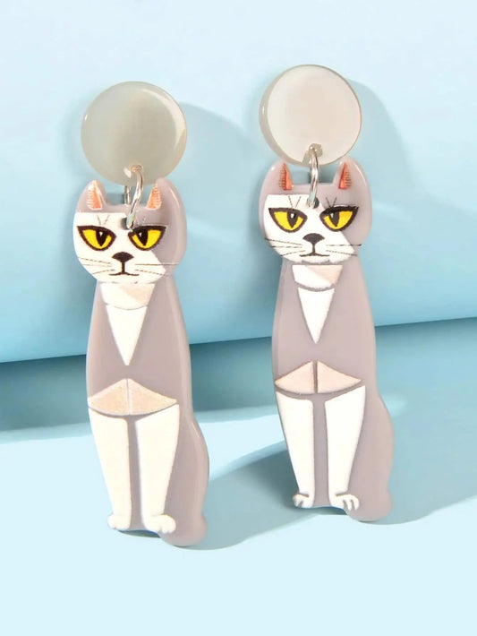 Cartoon Design Gray Resin Acrylic Cat Big Earrings Personality Women Accessories Feelontop Jewellery