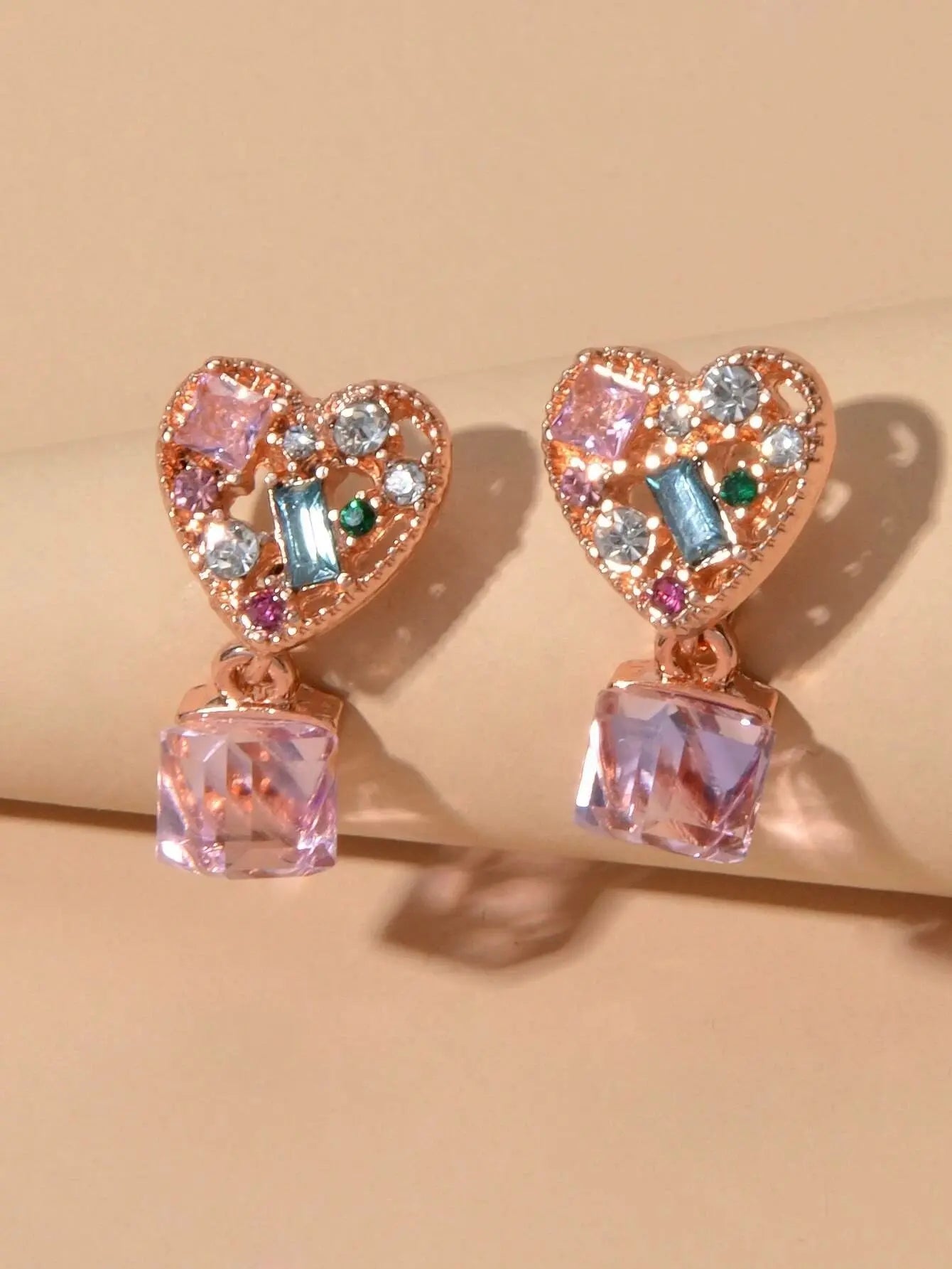 Sweet Textured Shining Crystal Decor Pink Heart Drop Earrings Women Girls Gifts Feelontop Jewellery