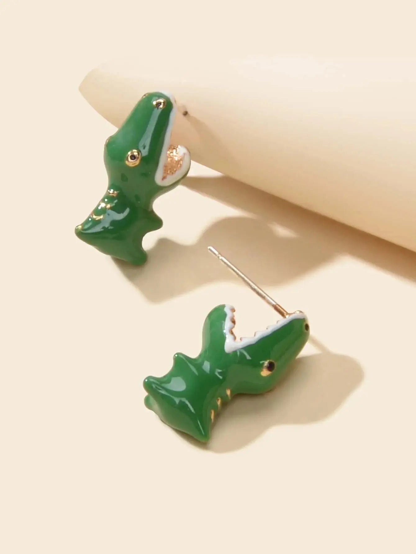 Punk Rock Jewelry Green Enamel Crocodile Head Statement Stud Earrings Teens Gift Feelontop Jewellery