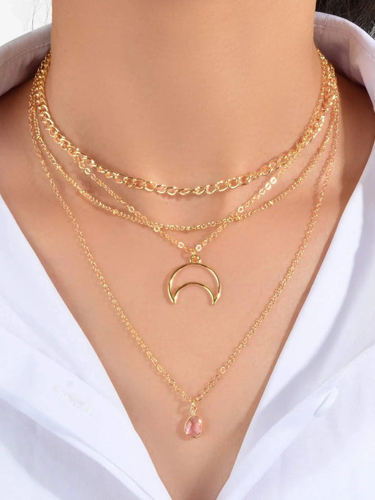 Multi-layer Gold Tone Chain Moon Water Drop Pendant Necklace Girls Party Jewelry Feelontop Jewellery