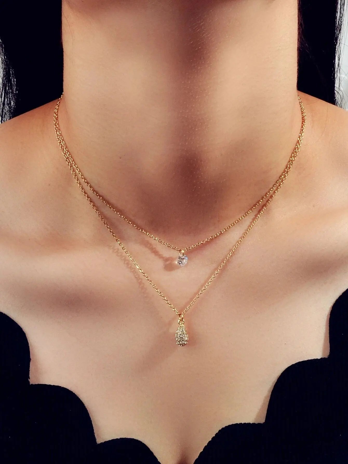 2 pcs Fashion Women Jewellery Rhinestone Decor Gold Chain Water Drop Necklace Feelontop Jewellery