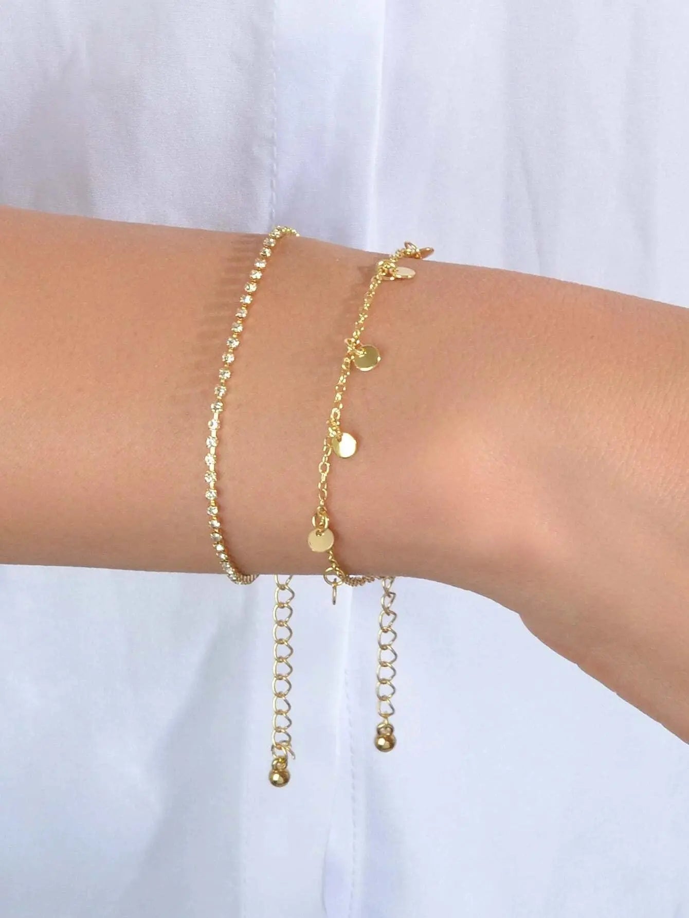 2pcs Women Rhinestone Gold Silver Chain Disc Charm Bracelet Fashion Accessories Feelontop Jewellery