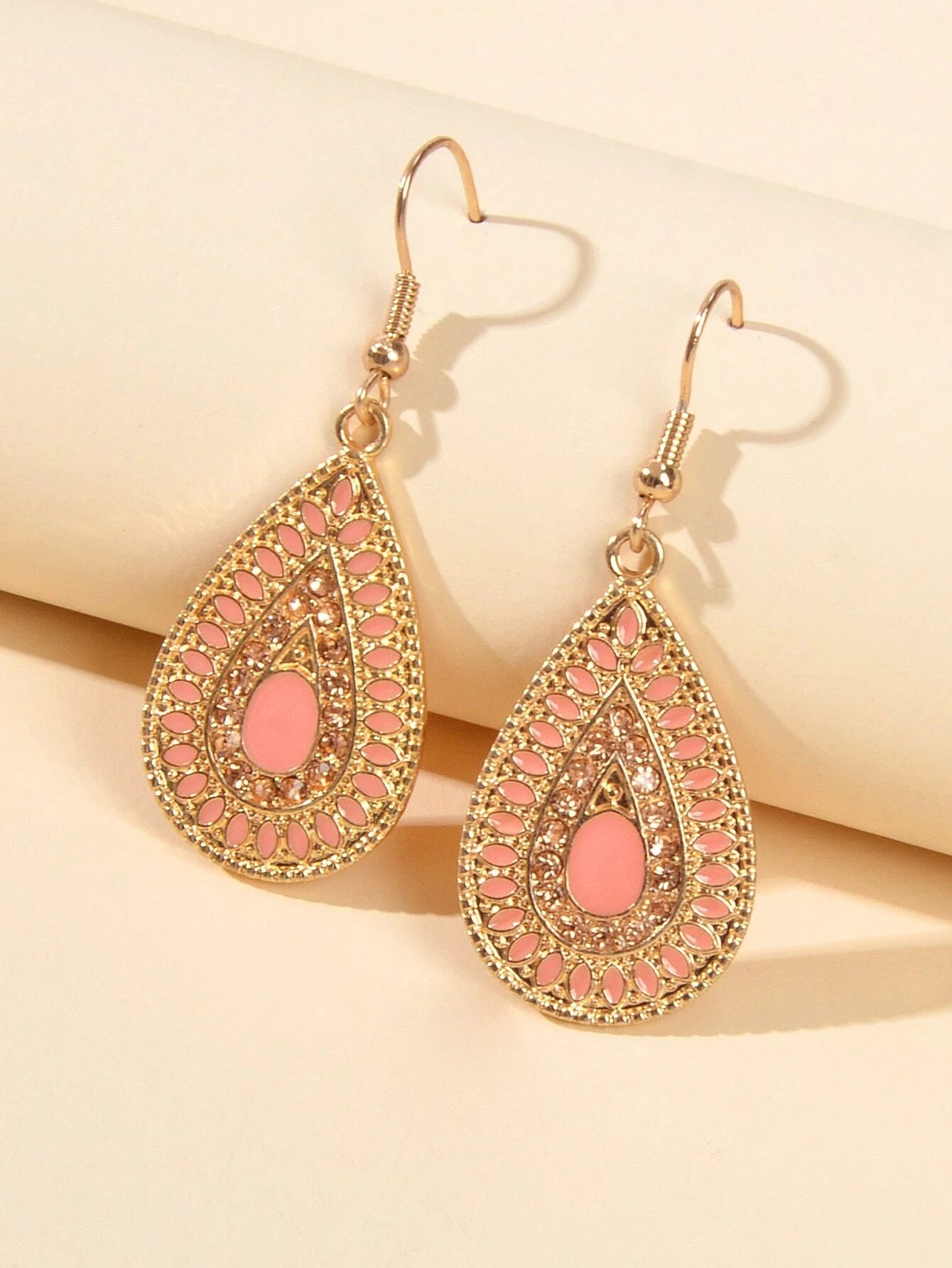 Rhinestone Pink Enamel Water Drop Earrings Teardrop Crystal Dangle Hook Ear Stud Feelontop Jewellery
