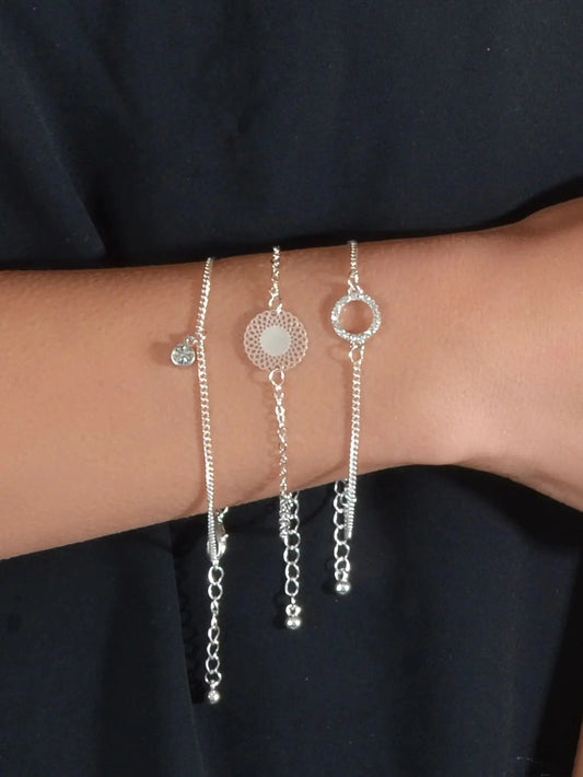 3 pcs/set Fashion Jewellery Silver Chain Rhinestone Circle Charm Bracelet Gift Feelontop Jewellery