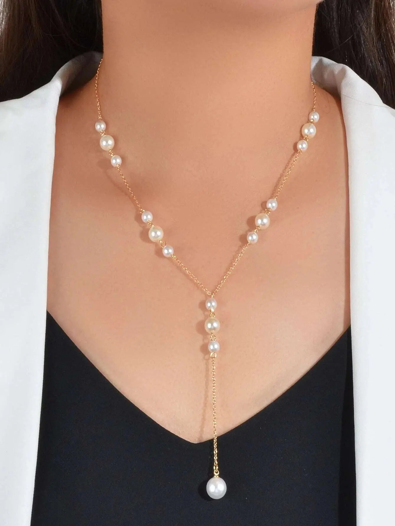 Pearl Decoration Long Gold Chain Y Shape Pendant Clavicle Necklace Teens Collar Feelontop Jewellery