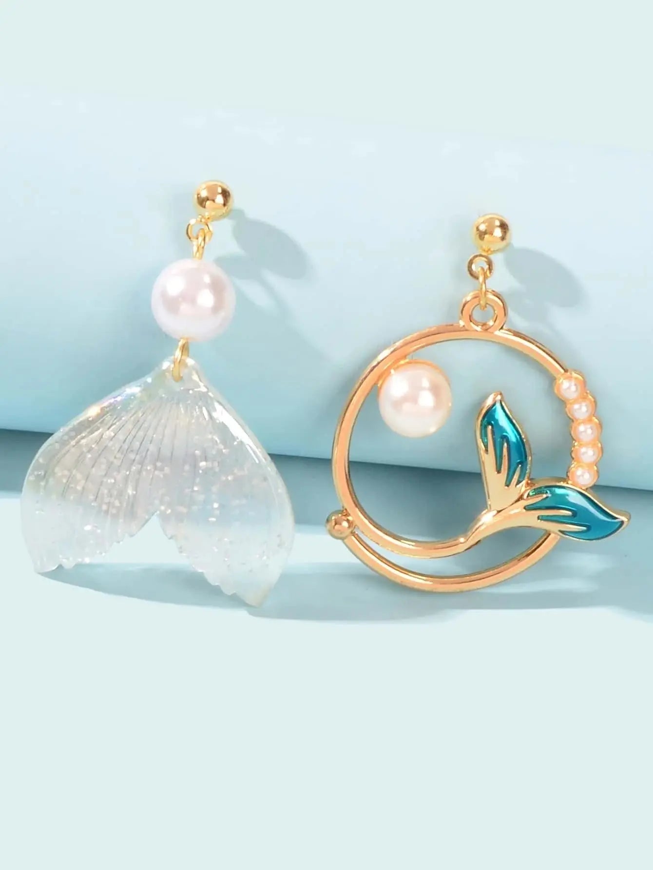 Exquisite Women Accessories Pearl Decor Mermaid Tail Asymmetric Holiday Earrings Feelontop Jewellery