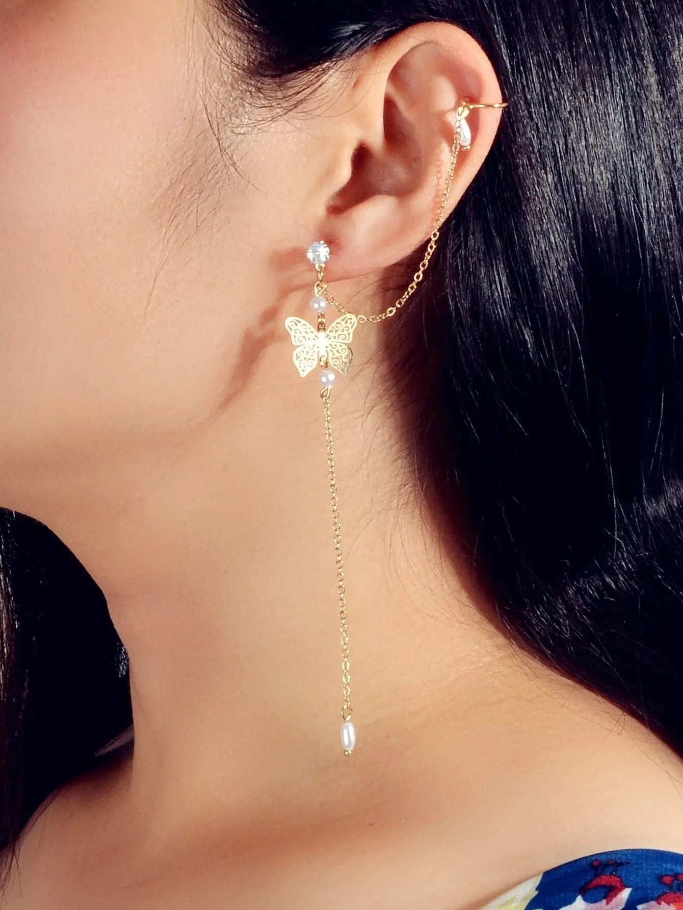 1pc Crystal Pearl Butterfly Long Chain Cartilage Stud Earring Stunning Ear Cuff Feelontop Jewellery