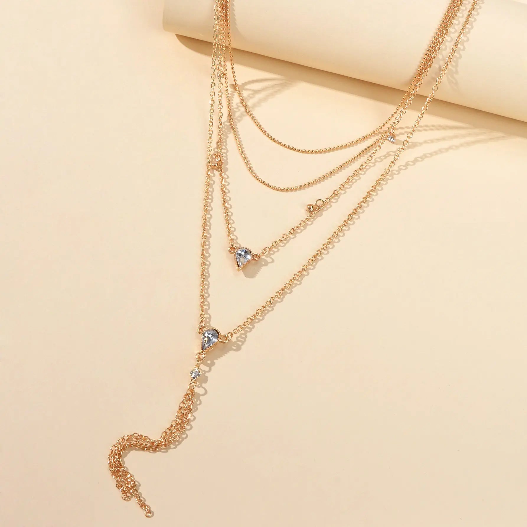 Statement Jewellery Rhinestone Multi-layer Gold Chain Tassel Pendant Necklace Feelontop Jewellery